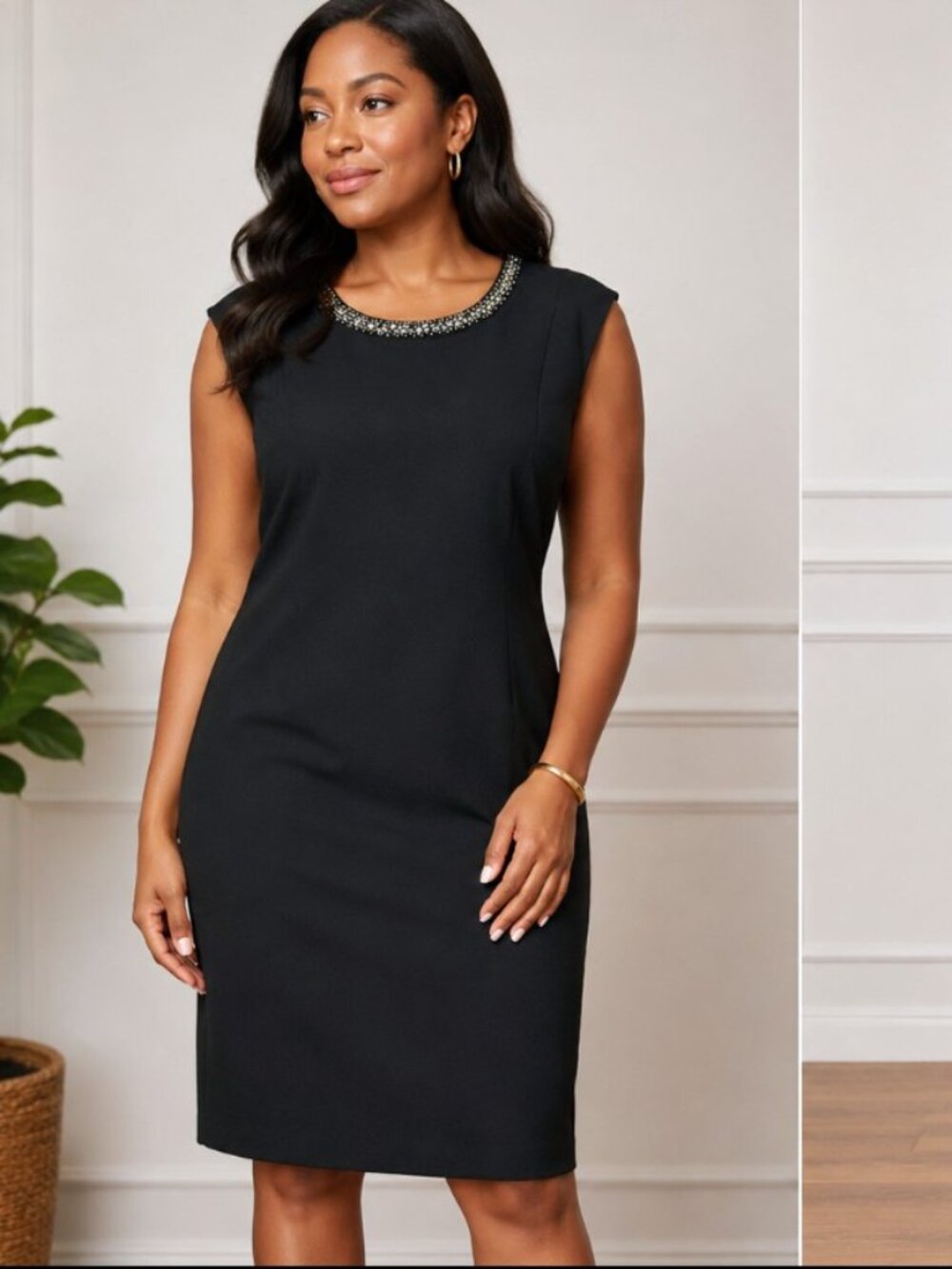 Leslie Fay Elegant Women's Cocktail Black Shift Dress Beaded Neckline Size 18W